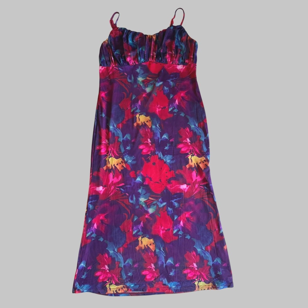 PrettyGarden XL Floral Mesh Maxi Dress Ruched Bust NWT NEW Tropical Boho resort